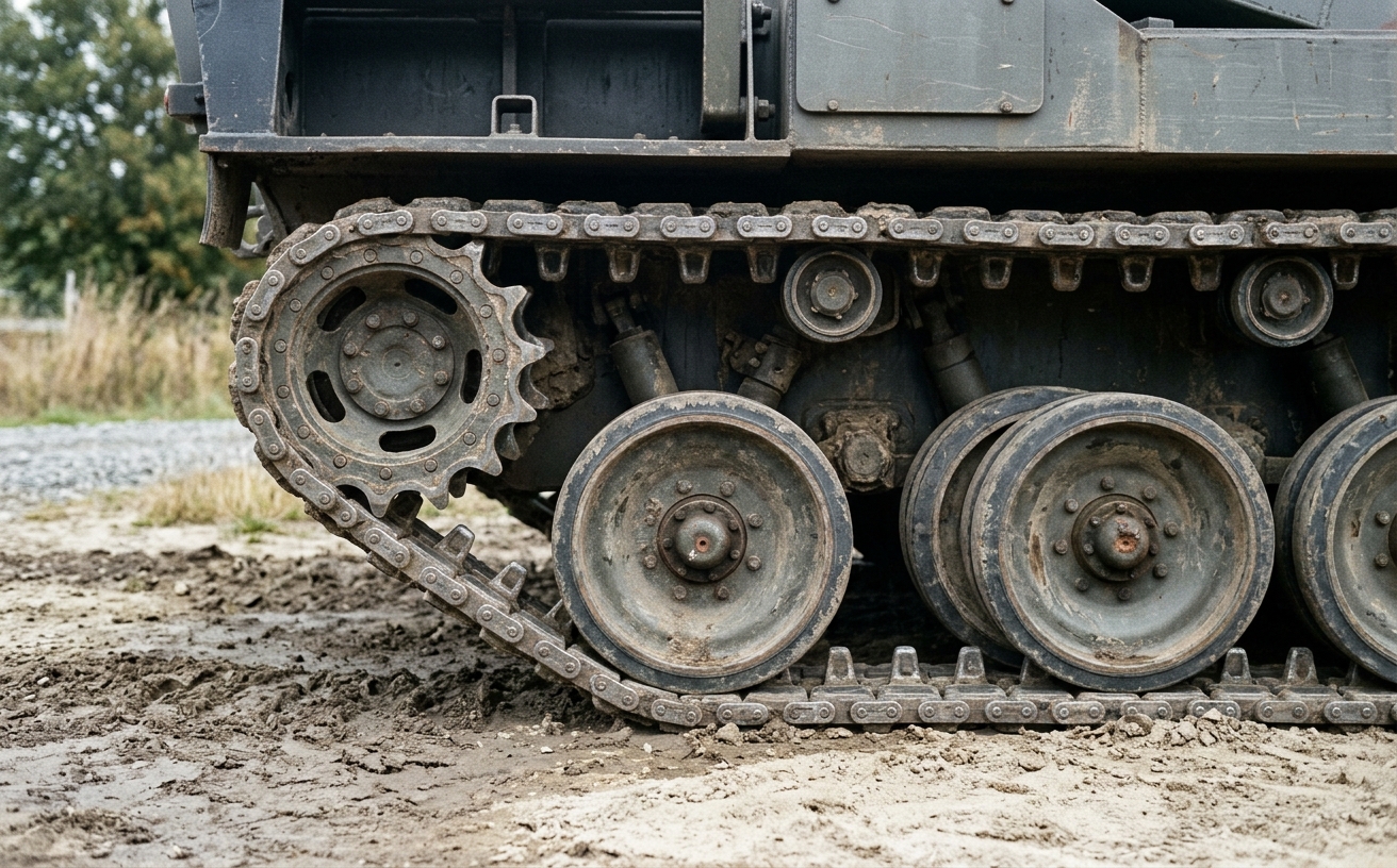 Nahaufnahme Kettenlaufwerk mit Laufrollen, Kette und Treibrad