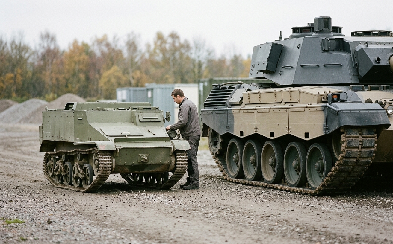 Größenvergleich leichtes Kettenfahrzeug neben schwerem Kampfpanzer, Seitenansicht, ohne Wappen oder Truppenkennzeichen im Bild