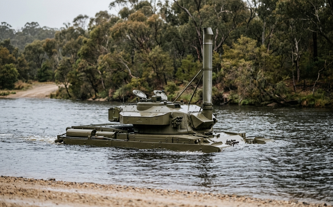 Kampfpanzer bei der Tiefwatdurchfahrt mit Schnorchel, ohne Wappen oder Truppenkennzeichen im Bild