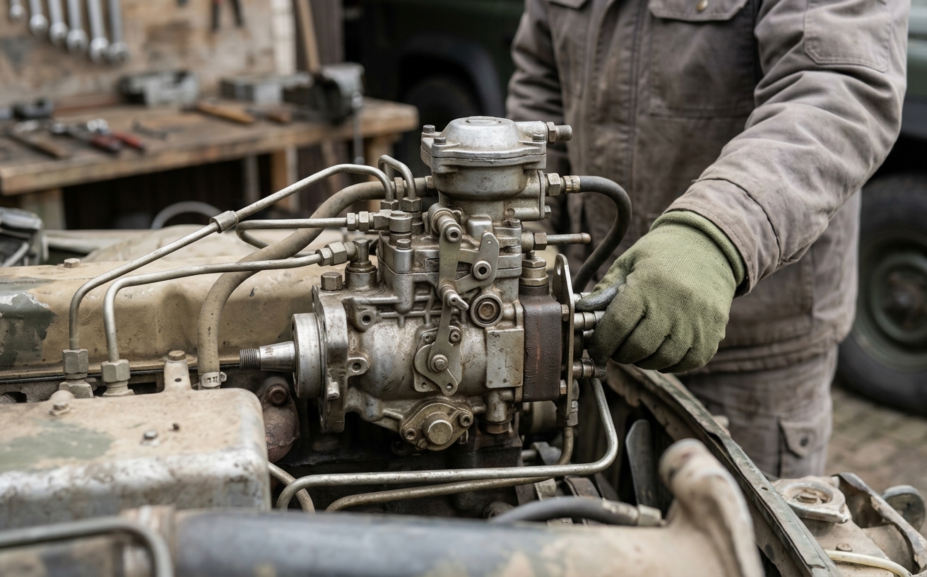 Foto historische Einspritzpumpe Militärmotor, ohne Wappen oder Truppenkennzeichen im Bild