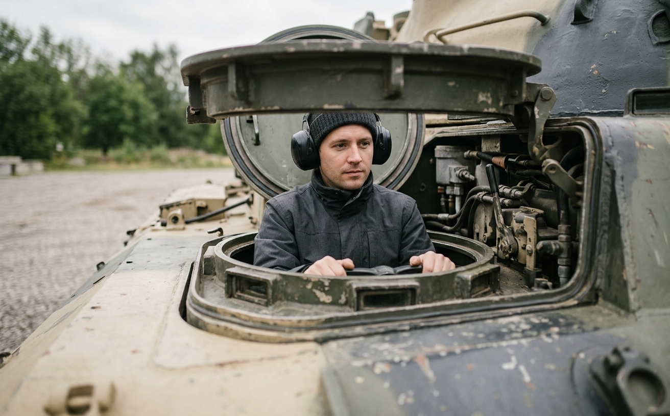 Gast mit Kopfhörer/Gehörschutz auf dem Fahrersitz eines Panzers, Blick durch offene Luke, ohne Wappen oder Truppenkennzeichen im Bild
