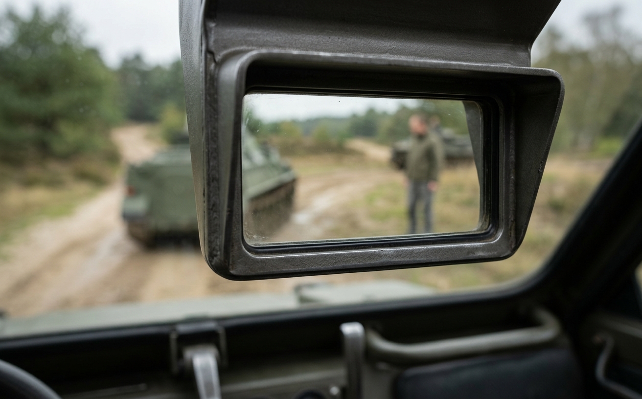 Blick durch einen Winkelspiegel oder ein Periskop aus der Fahrerposition eines Panzers, ohne Wappen oder Truppenkennzeichen im Bild
