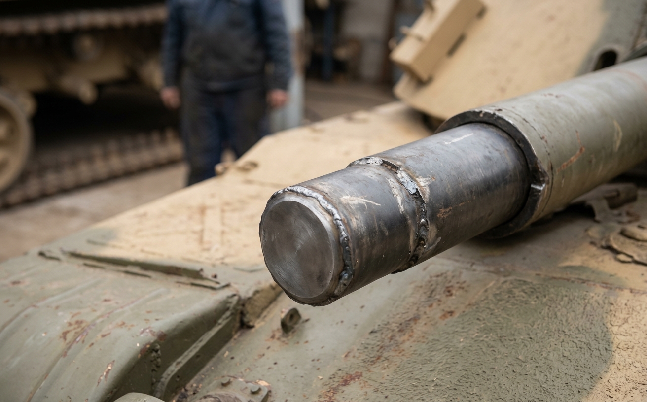 Nahaufnahme des bearbeiteten Kanonenrohrs eines entmilitarisierten Panzers, ohne Wappen oder Truppenkennzeichen im Bild
