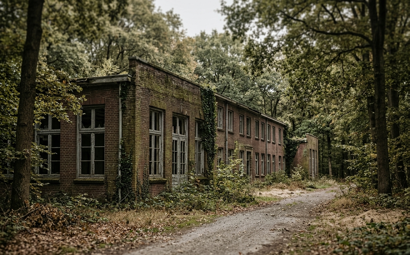 Verlassenes Kasernengebäude im Wald, verwittert, ohne Wappen oder Truppenkennzeichen im Bild
