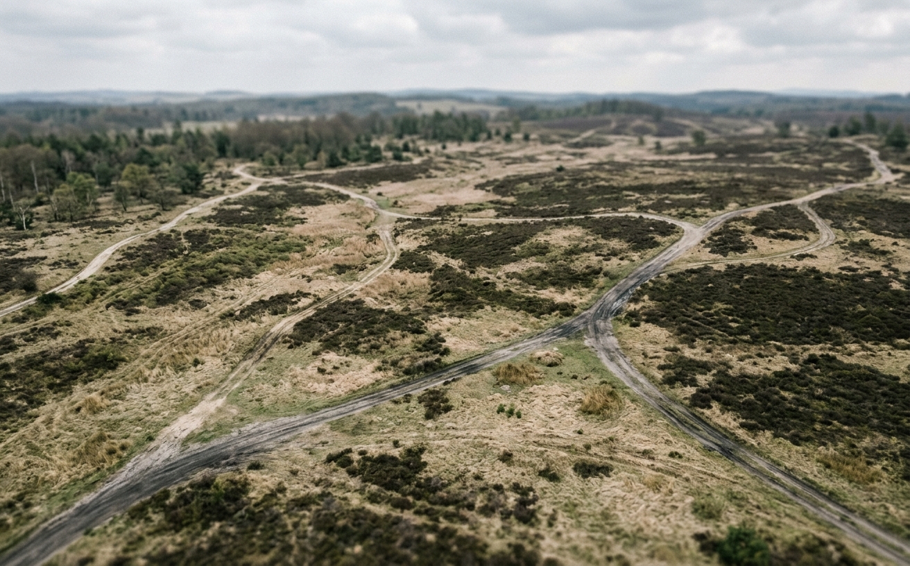 Luftbild einer Heide- oder Offenlandfläche auf einem ehemaligen Truppenübungsplatz, ohne Wappen oder Truppenkennzeichen im Bild