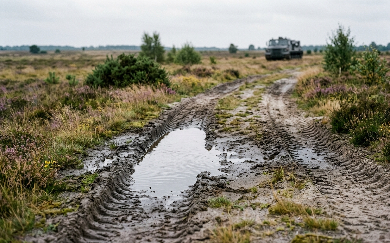 Panzerspuren mit temporärer Wasserpfütze auf offener Heidefläche, ohne Wappen oder Truppenkennzeichen im Bild