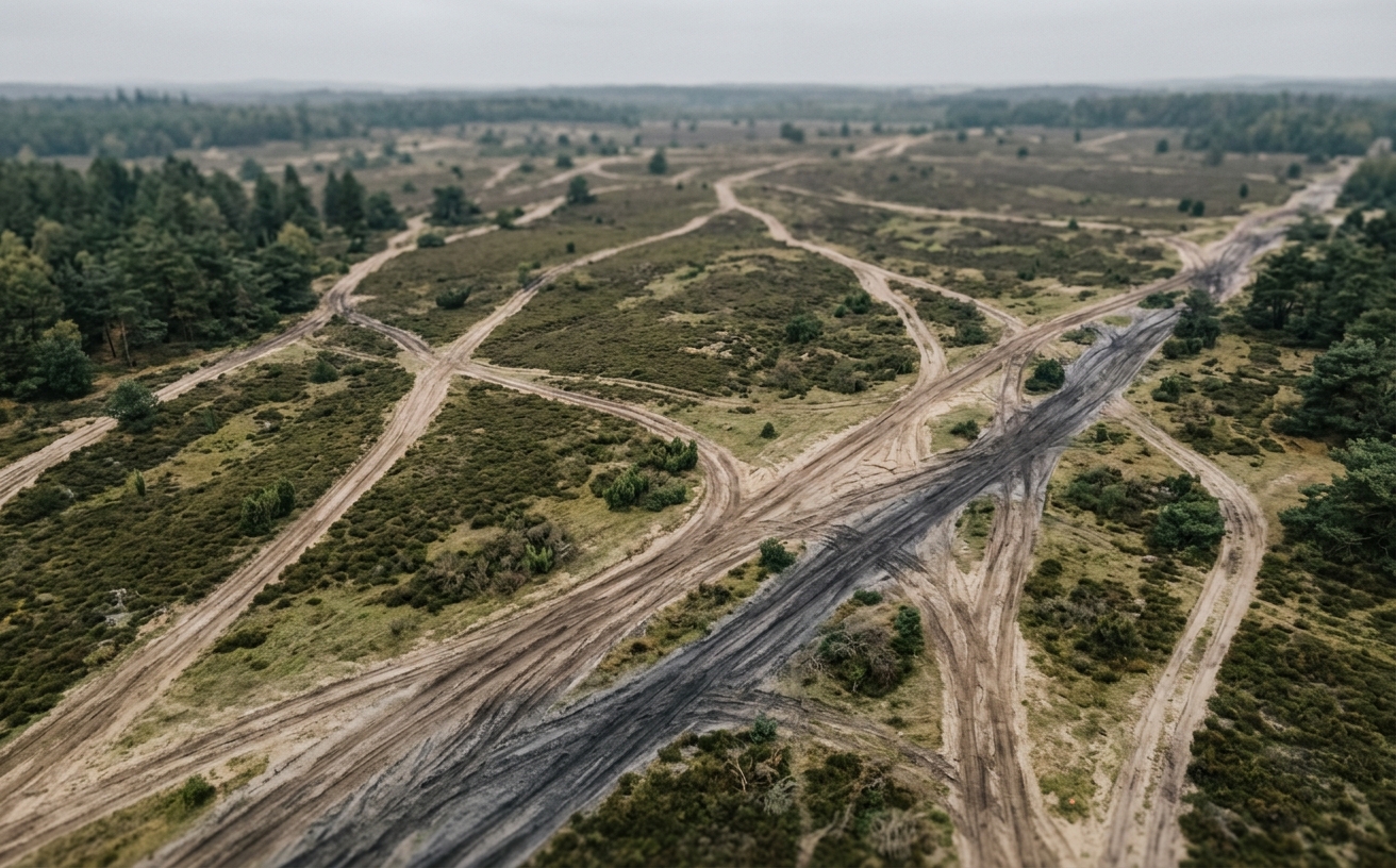 Luftbild eines ehemaligen Truppenübungsplatzes mit erkennbaren Fahrspuren, ohne Wappen oder Truppenkennzeichen im Bild