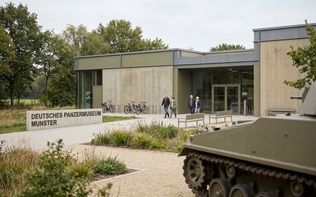 Außenansicht Deutsches Panzermuseum Munster, ohne Wappen oder Truppenkennzeichen im Bild