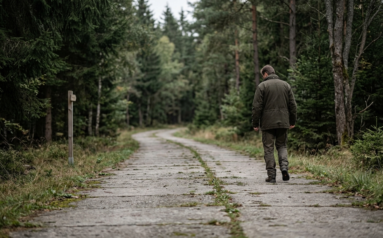 Kolonnenweg aus Betonplatten am Grünen Band im Harz, ohne Wappen oder Truppenkennzeichen im Bild