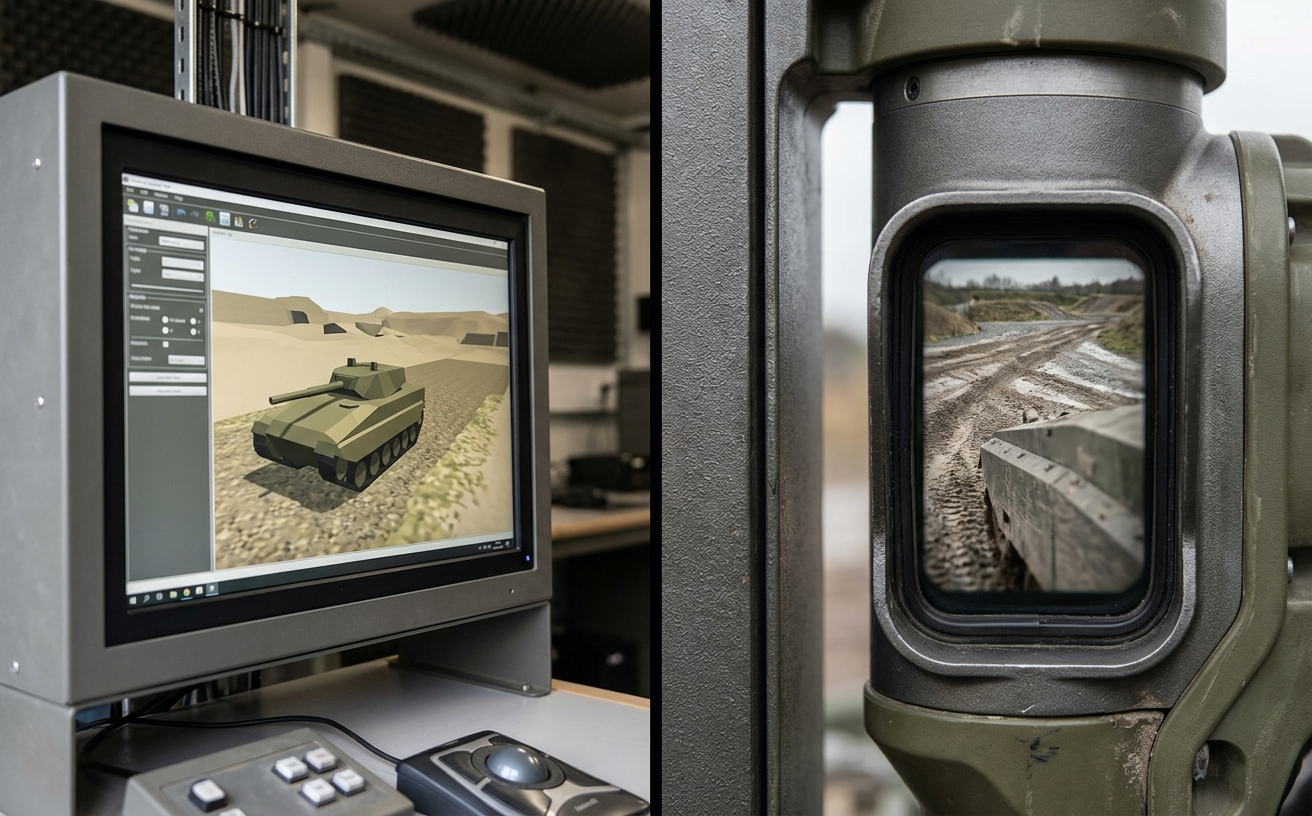 Split-Motiv: Bildschirm mit Panzer-Simulation neben Blick durch einen echten Winkelspiegel, ohne Wappen oder Truppenkennzeichen im Bild