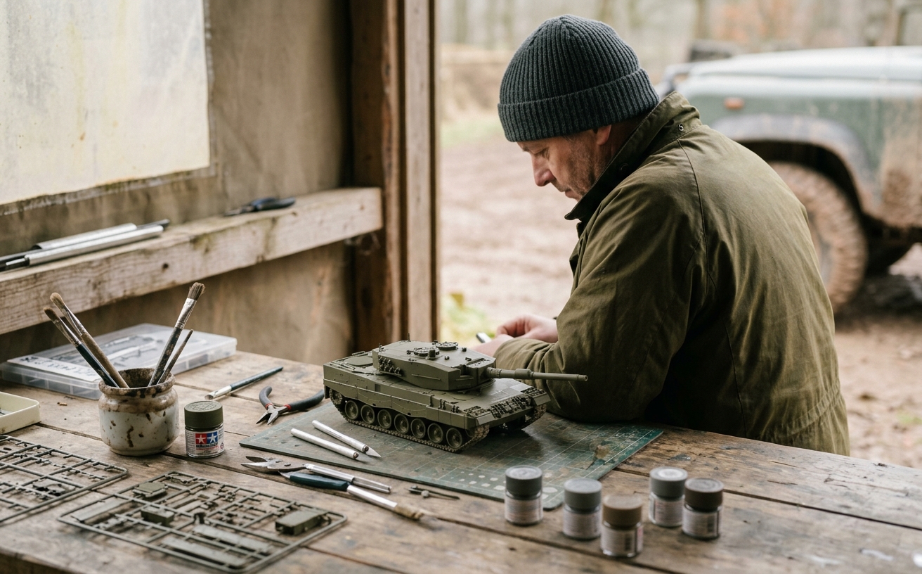Werktisch mit Panzermodell im Bau, Pinsel, Farbe und Werkzeug, ohne Wappen oder Truppenkennzeichen im Bild