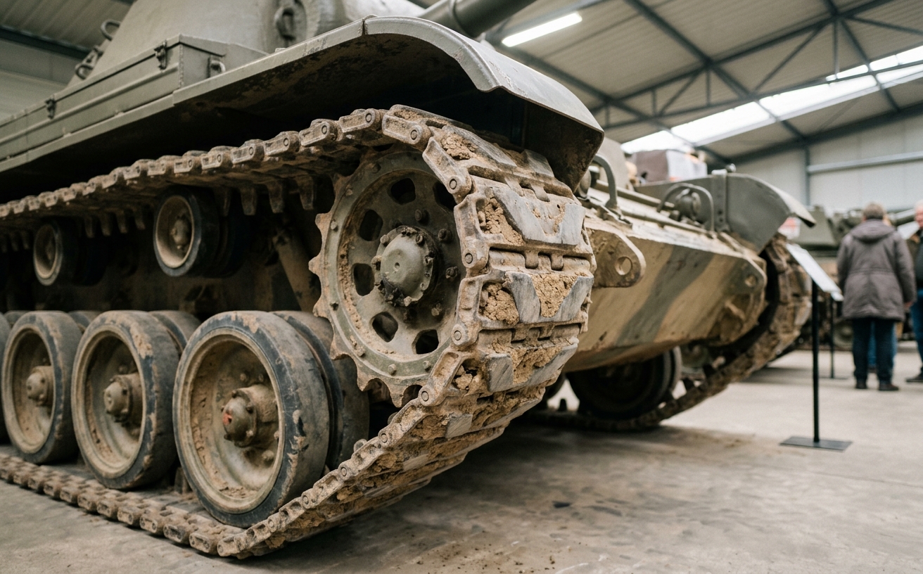 Nahaufnahme Kettenlaufwerk und Fahrwerk eines Panzers im Museum, ohne Wappen oder Truppenkennzeichen im Bild