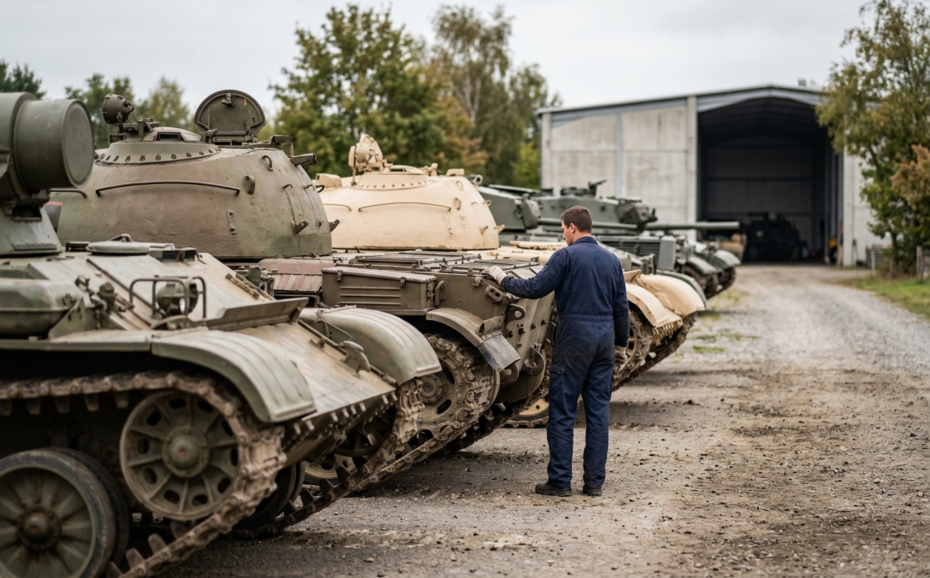 Headerbild: mehrere unterschiedliche Panzertypen nebeneinander als Symbolbild für Fahrzeugvielfalt, ohne Wappen oder Truppenkennzeichen im Bild