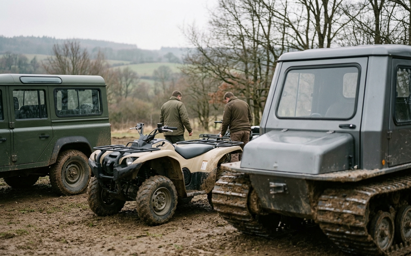 Headerbild: mehrere Offroad-Formate nebeneinander (Geländewagen im Gelände, Quad, Kettenfahrzeug), ohne Wappen oder Truppenkennzeichen im Bild