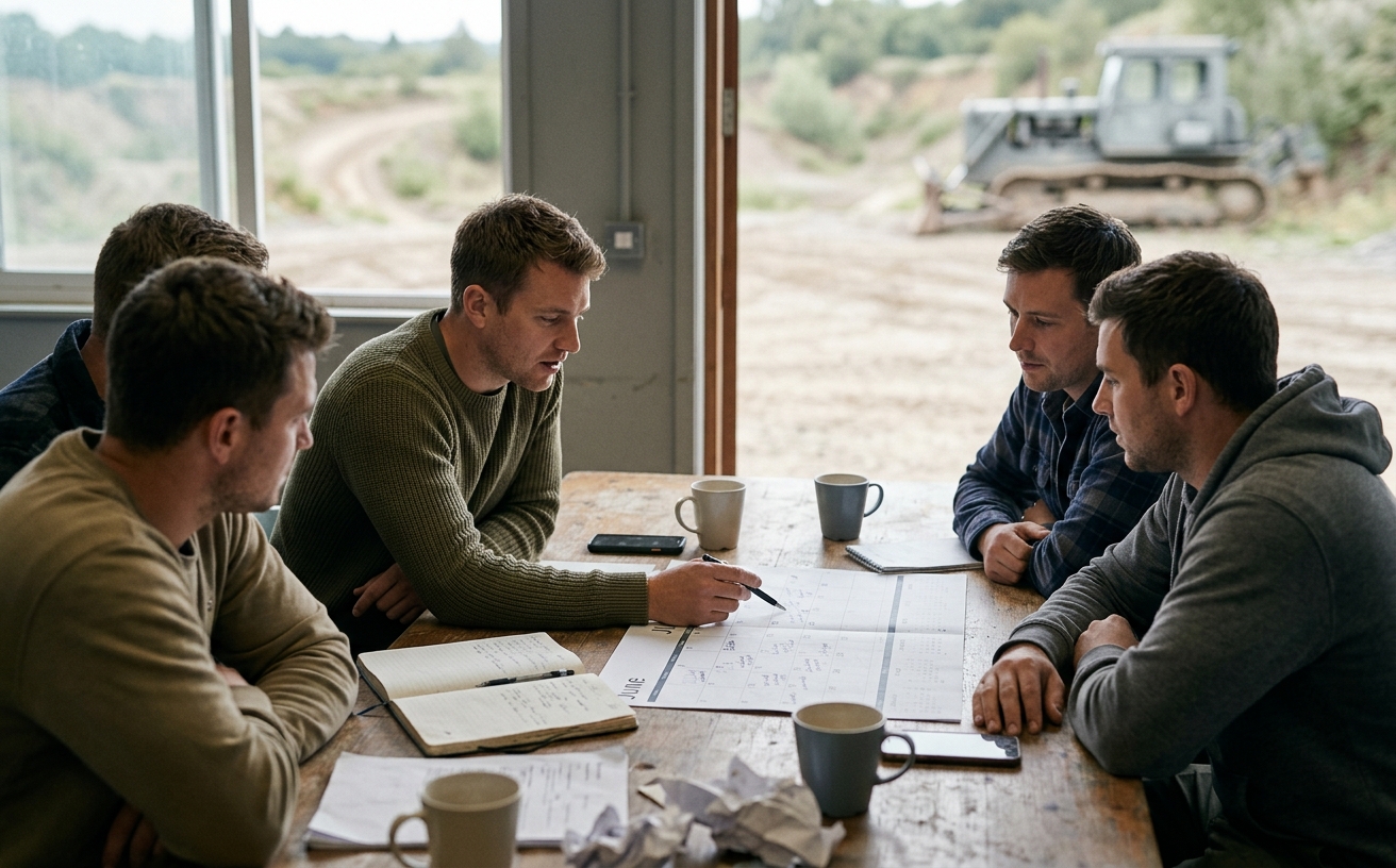 Headerbild: Gruppe plant einen Ausflug am Tisch mit Kalender, Notizen und Getränken, alltäglich und ohne Bezug zu einem bestimmten Programmpunkt, ohne Wappen oder Truppenkennzeiche