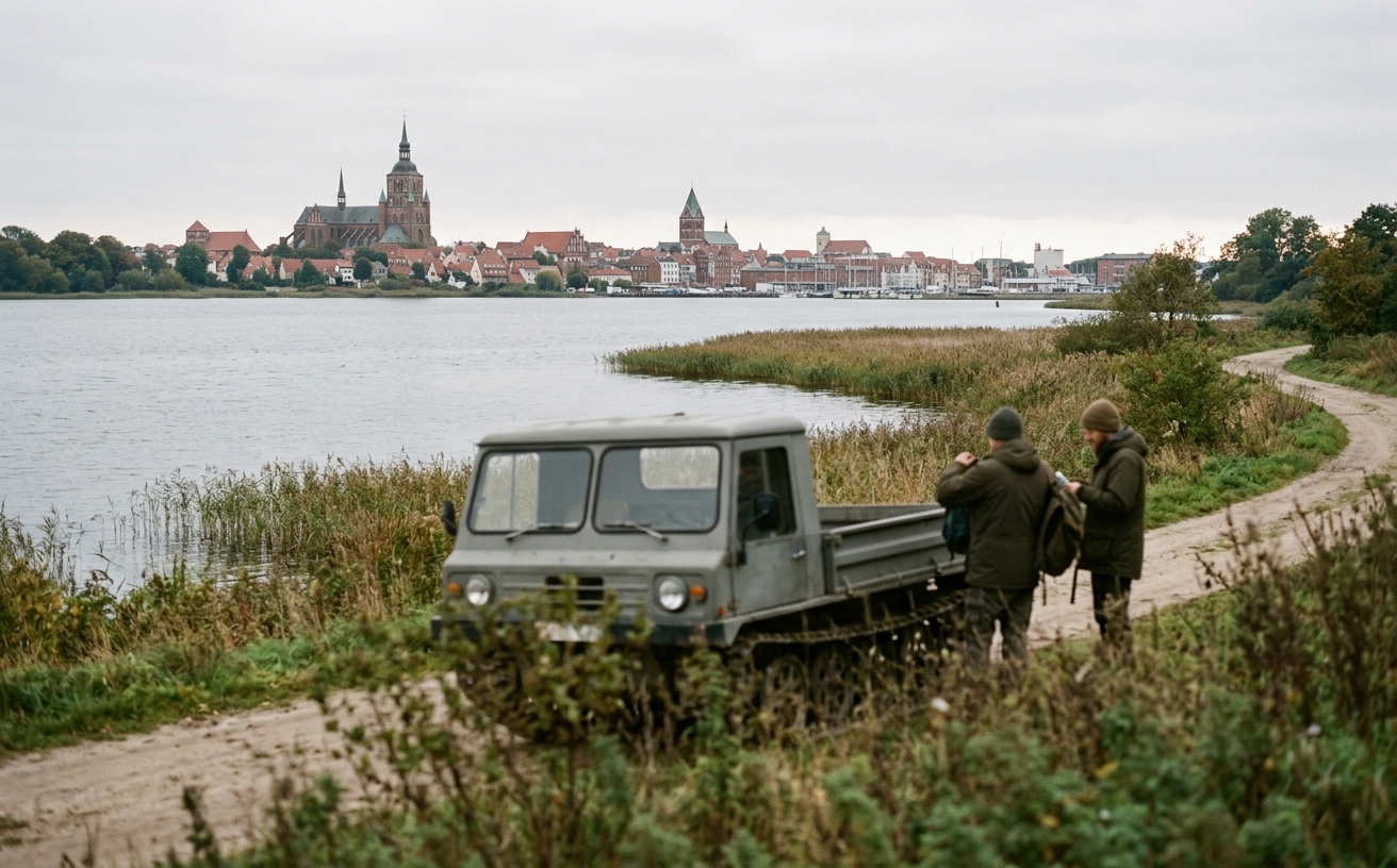 Headerbild: Mecklenburgische Seenplatte oder Hansestadt-Silhouette (Wismar/Stralsund/Rostock), ohne Wappen oder Truppenkennzeichen im Bild