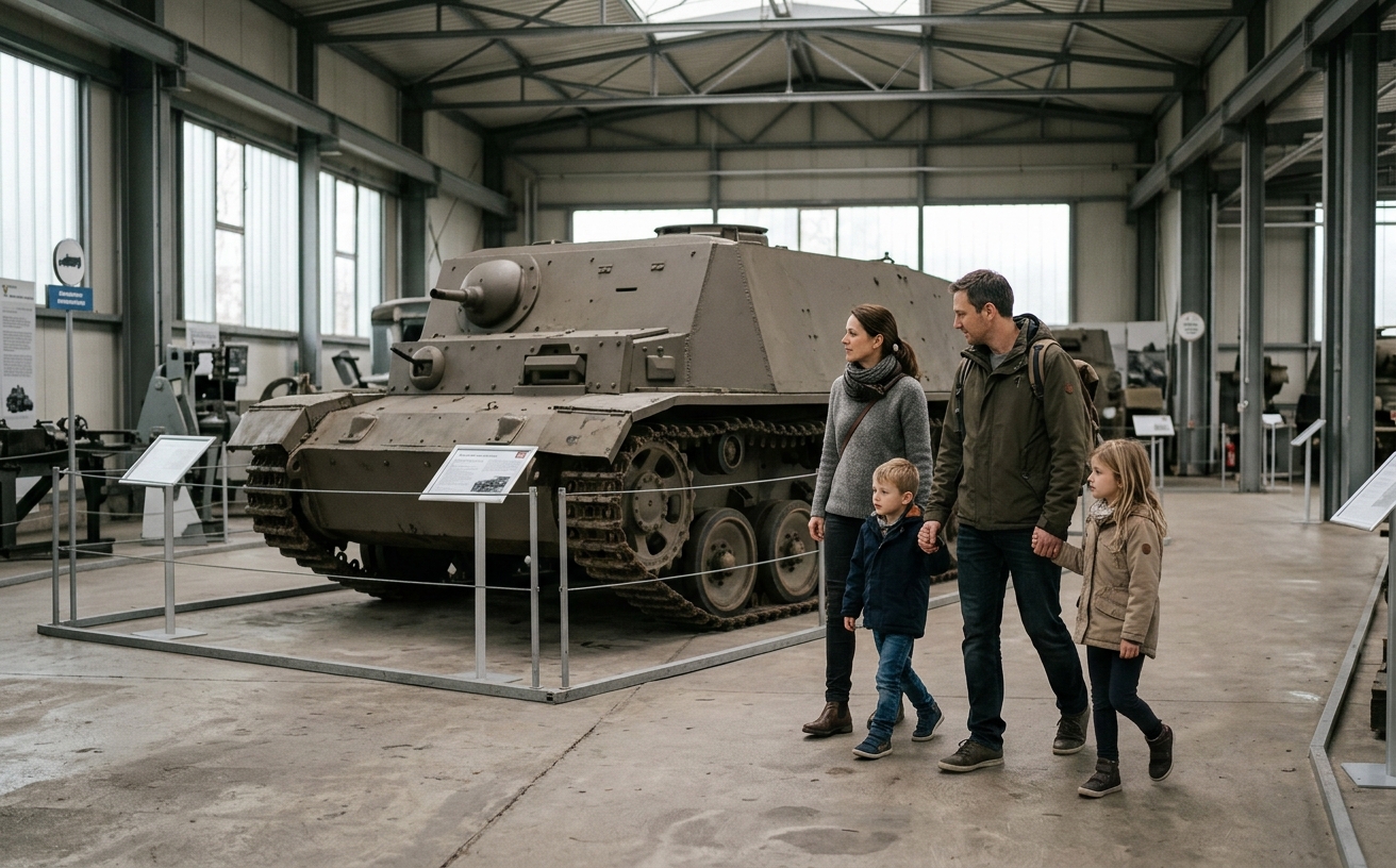 Familie beim Rundgang in einer Museumshalle mit Fahrzeug oder Flugobjekt im Hintergrund, ohne Wappen oder Truppenkennzeichen im Bild