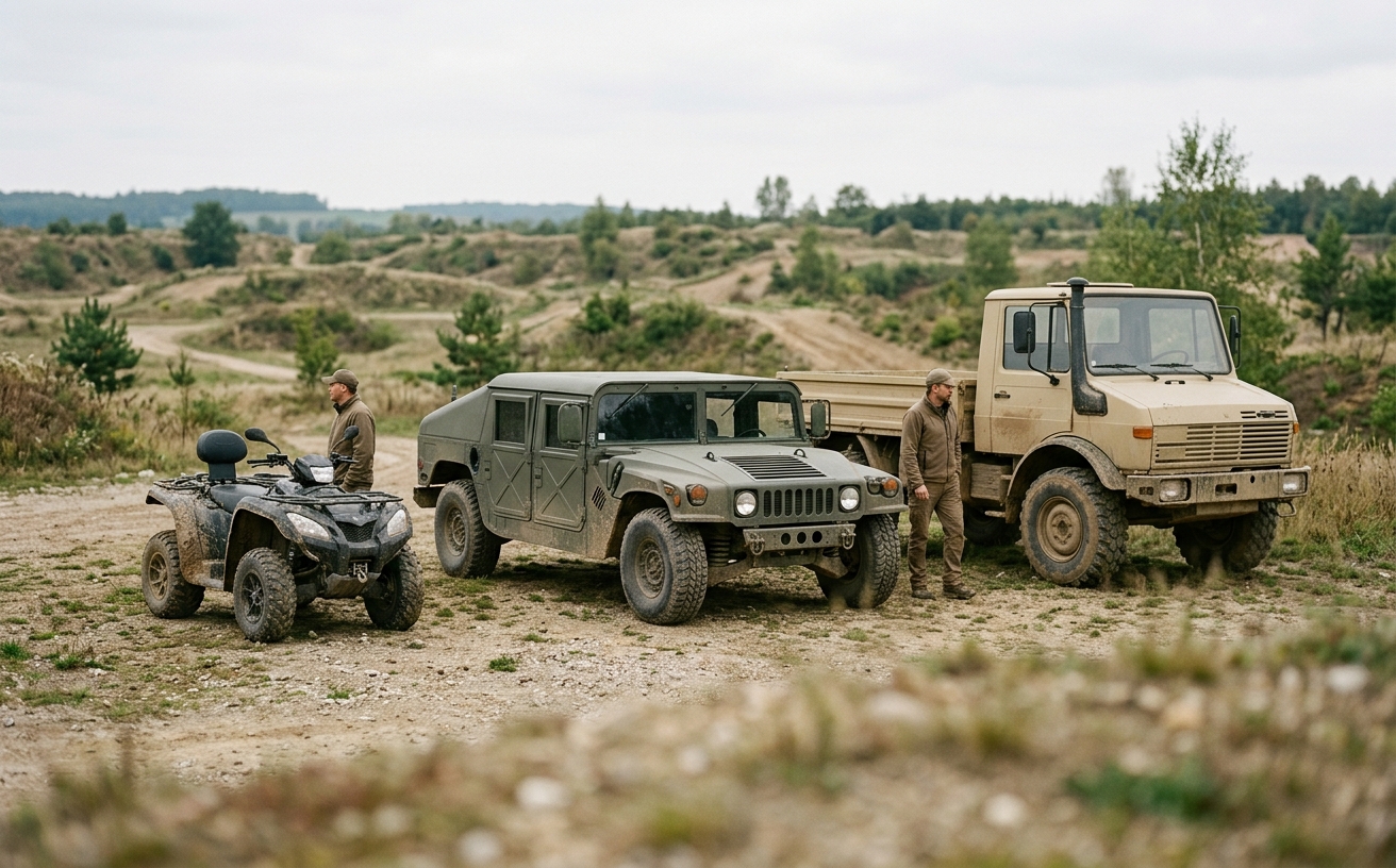 Quad, Hummer H1 und Unimog nebeneinander im Gelände, ohne Wappen oder Truppenkennzeichen im Bild