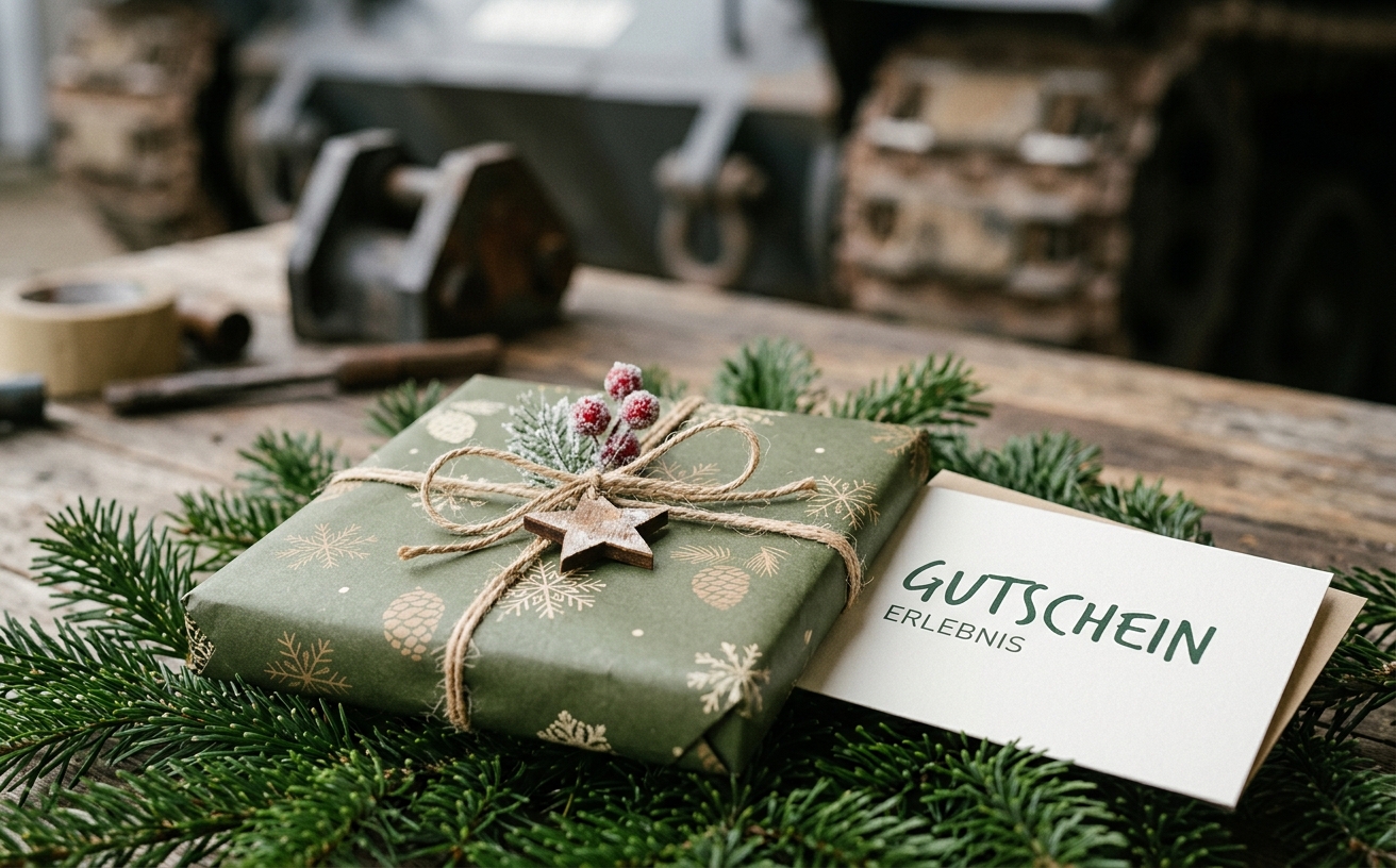 Weihnachtlich verpackter Gutschein neben Tannengrün, ohne Wappen oder Truppenkennzeichen im Bild