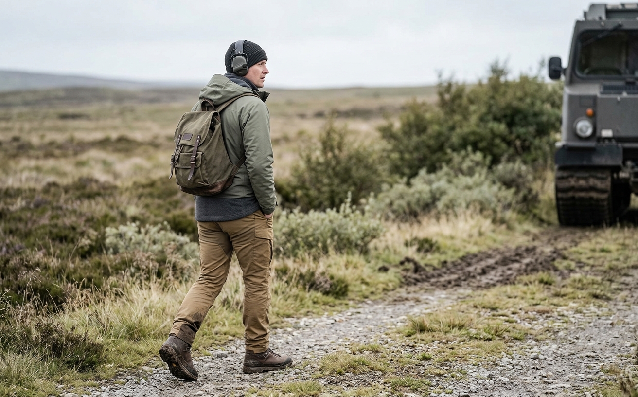 Person in mehrschichtiger Outdoor-Kleidung mit festem Schuhwerk und Kapselgehörschutz im freien Gelände, ohne Wappen oder Truppenkennzeichen im Bild
